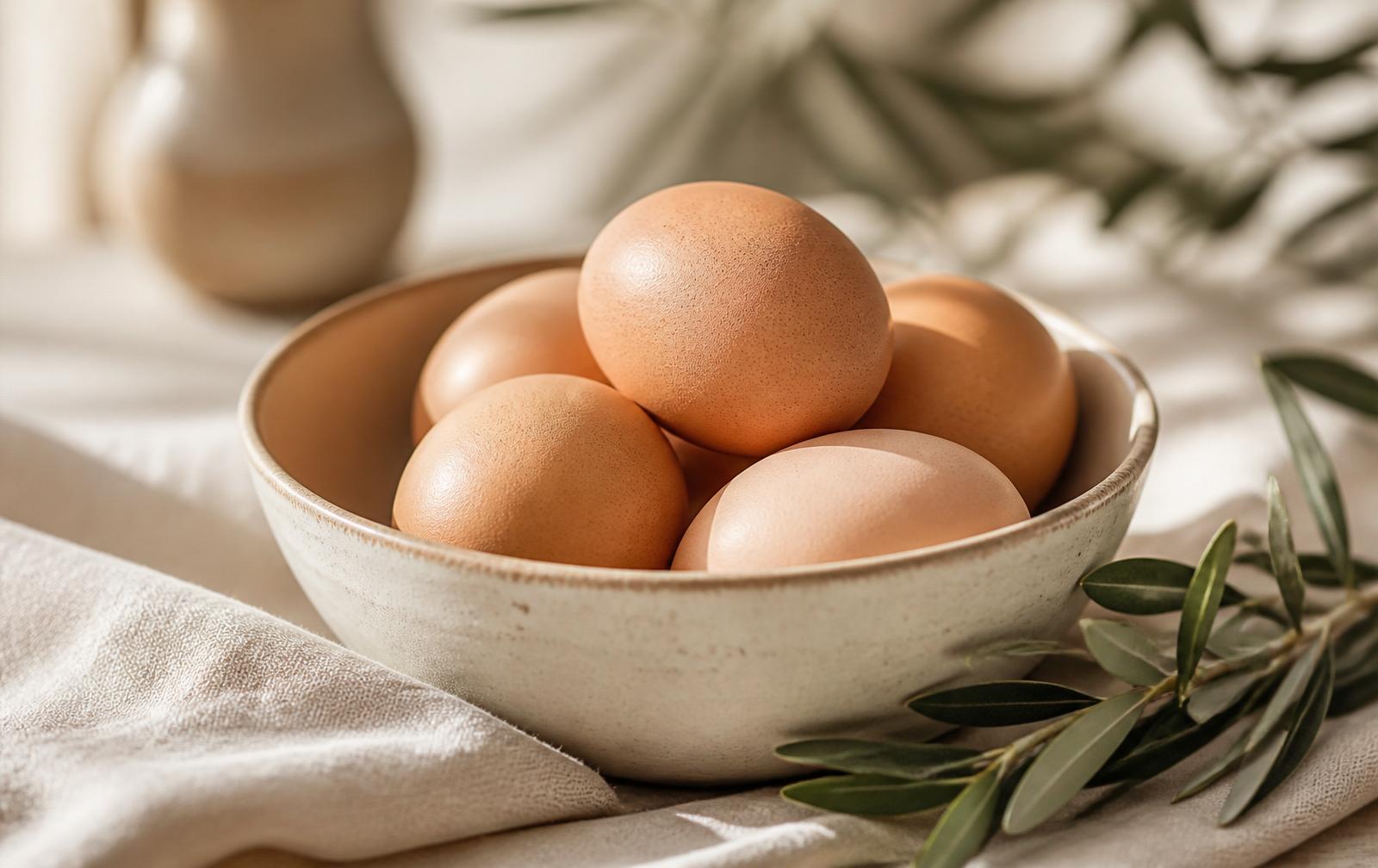 Brown farm eggs in a ceramic bowl on warm linen