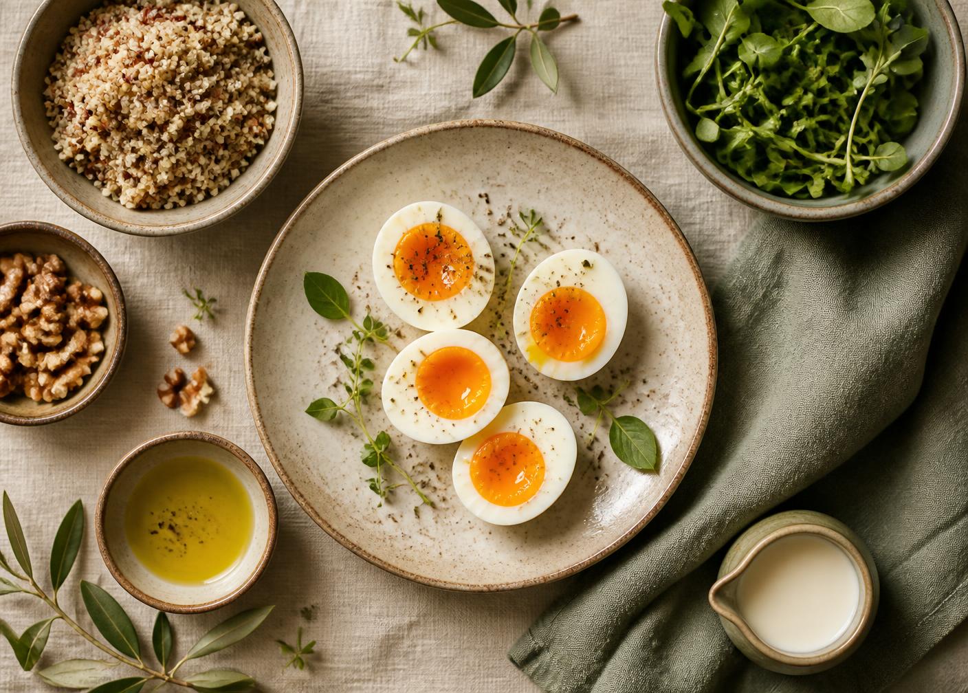 Overhead flat lay of halved soft-boiled eggs with quinoa, greens, walnuts and olive oil